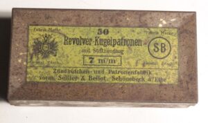18 rounds 7mm pinfire ammunition in steel container